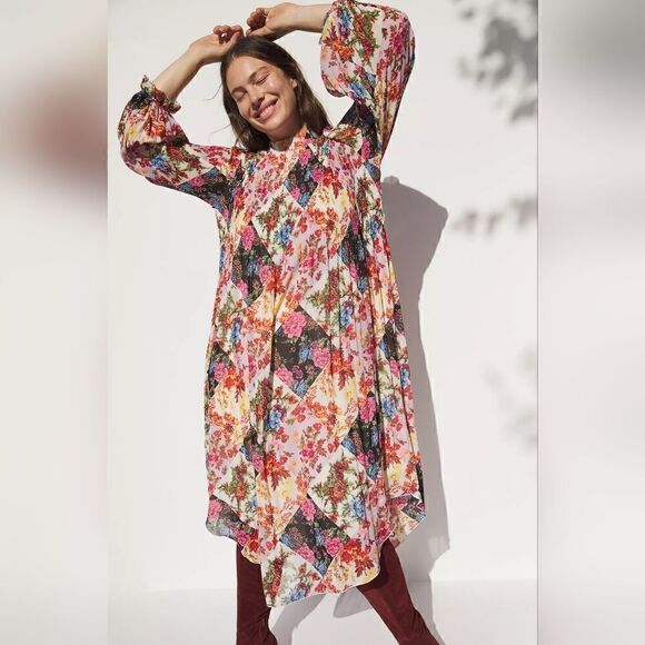 Anthropologie Mauve Shara Floral Patchwork Pleated Midi Dress Size Extra Small - Picture 2 of 10